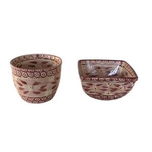 TEMPTATIONS by Tara Square & Round  BOWL Set Old World Cranberry Red FLORAL